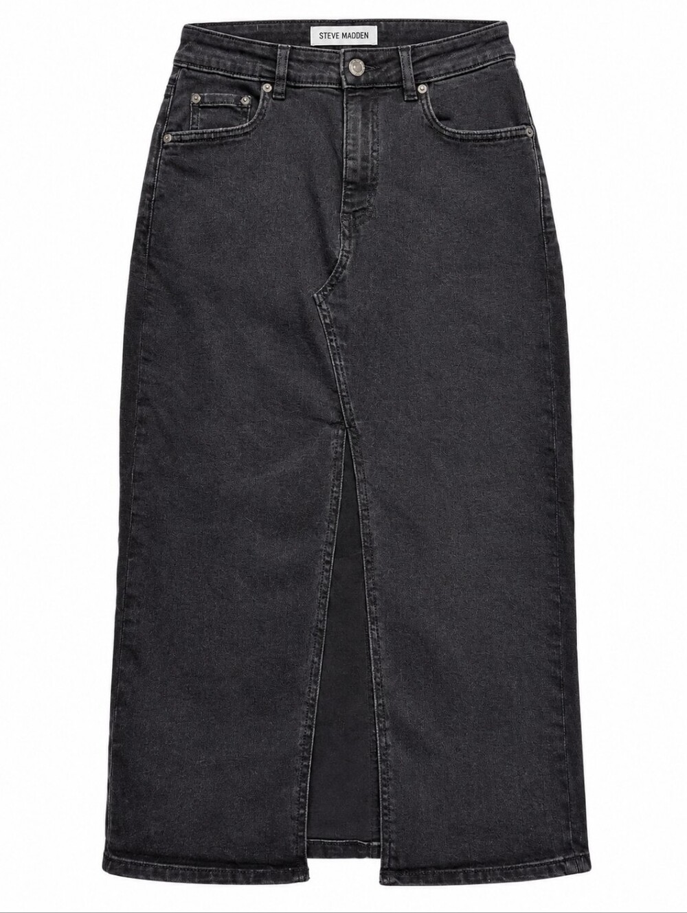 STEVE MADDEN Black Denim Midi Skirt with Front Slit